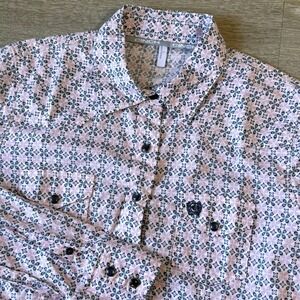 Cinch Pearl Snap Shirt Womens Large Geometric Pink Blue Long Sleeve Western